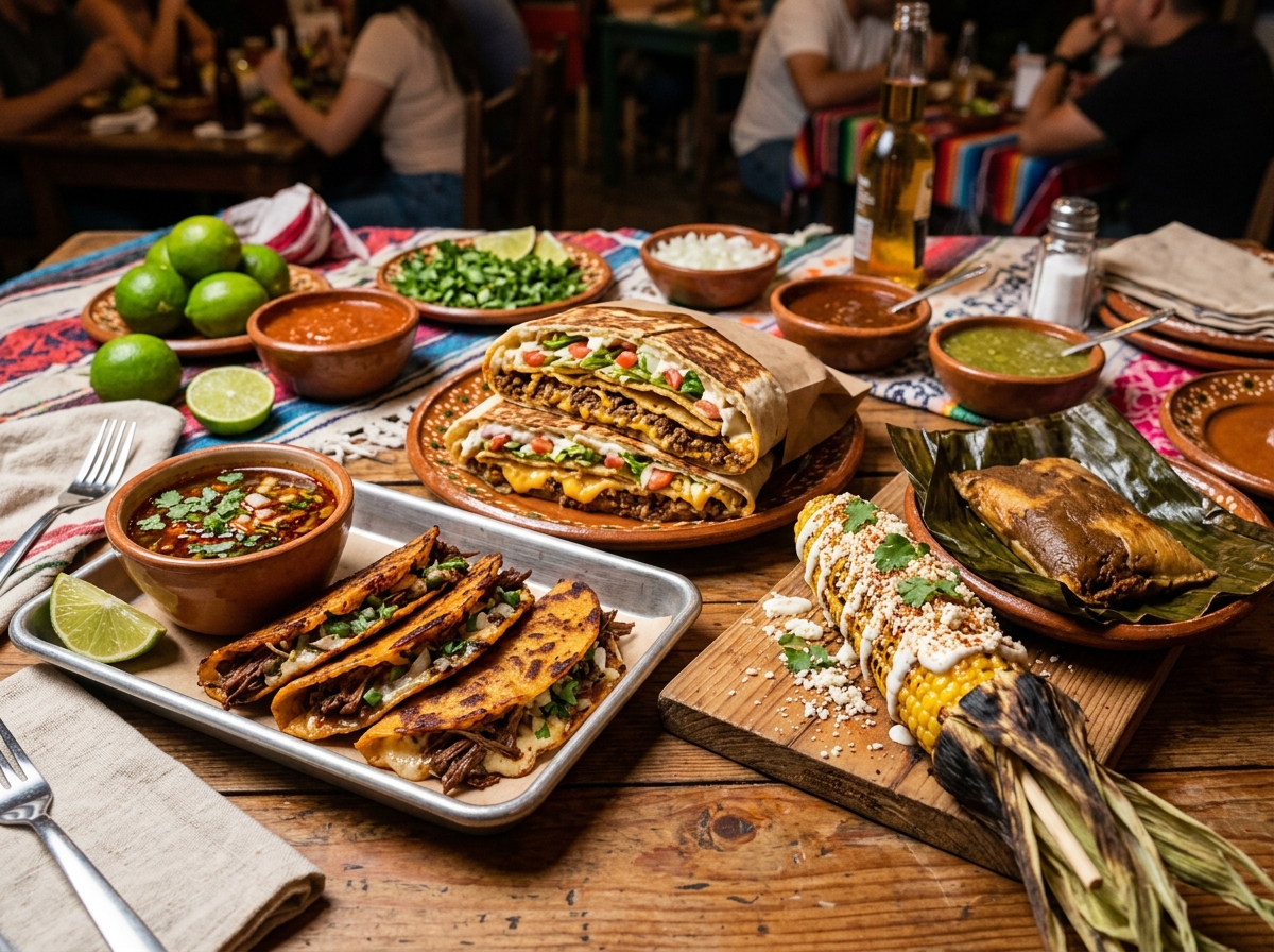 Mexican street tacos, birria with consome, and elotes feast